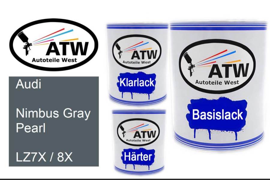 Audi, Nimbus Gray Pearl, LZ7X / 8X: 1L Lackdose + 1L Klarlack + 500ml Härter - Set, von ATW Autoteile West.